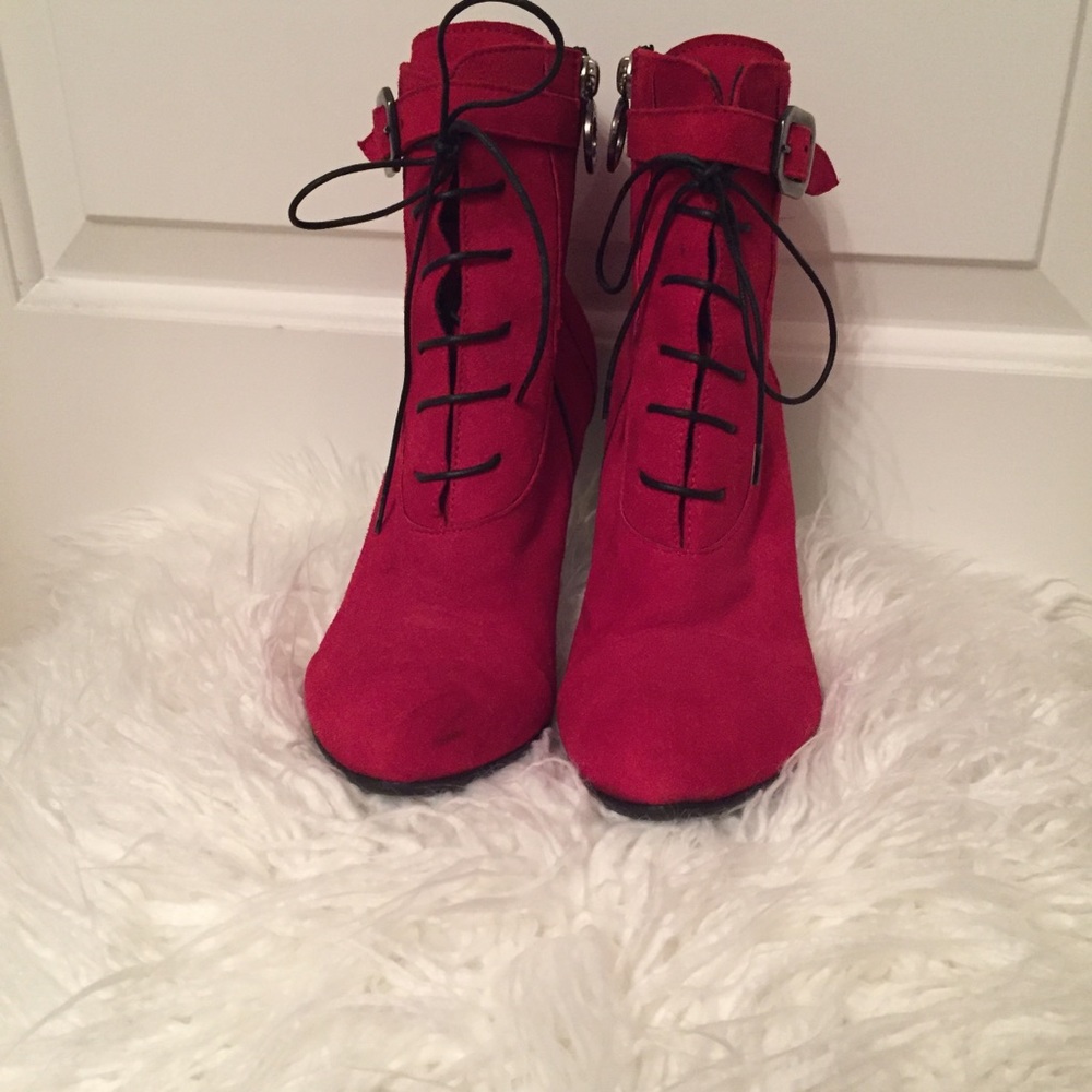 TENTAZIONE BOOTS ANKLE ZIP RED SUEDE ITALY LACE ACCENT HEELS Size 39 8.5